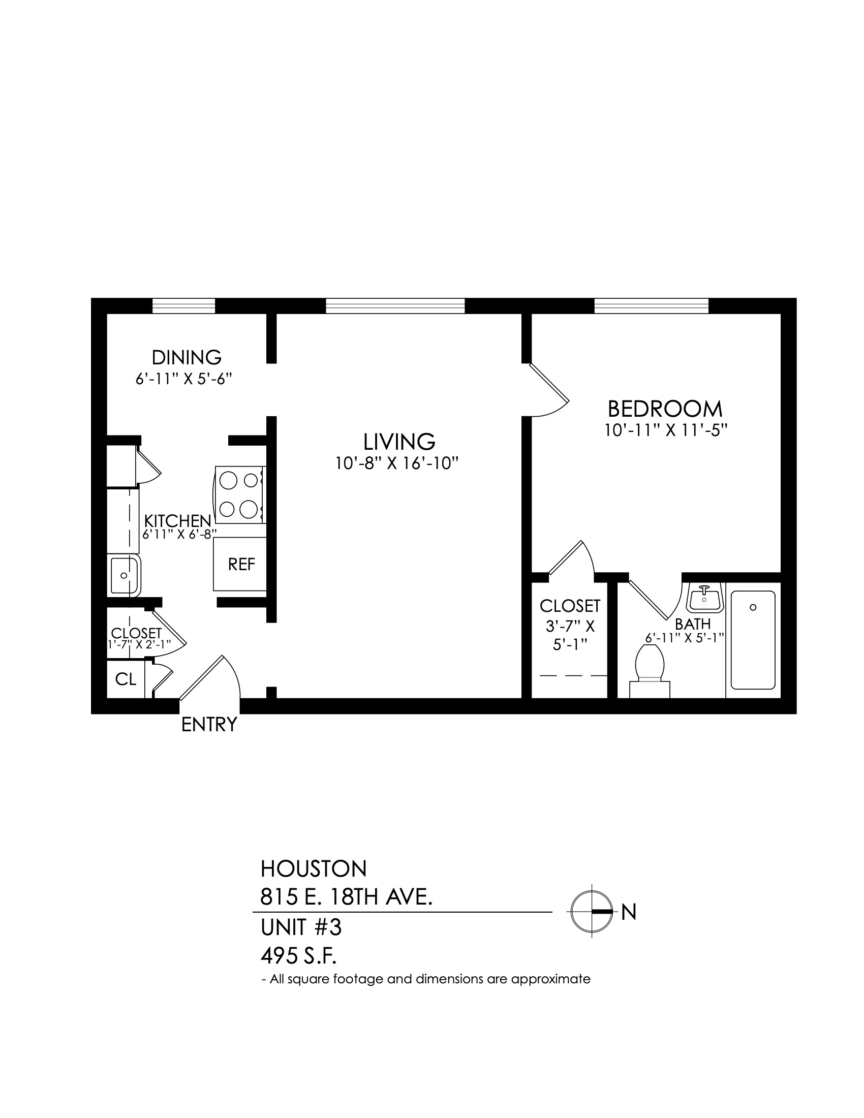 Floor plan for 1 bed, 1 bath, 480 sqft